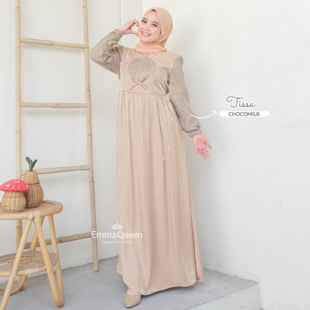 Emmaqueen - Dress Tissa Gamis Simple Elegan Kondangan Shimmer Kombinasi Brukat Mutiara XS/XXL Busui