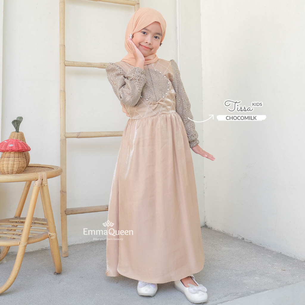 Emmaqueen - Dress Tissa Kids Gamis Simple Elegan Kondangan Shimmer Kombinasi Brukat Mutiara XS/XXL