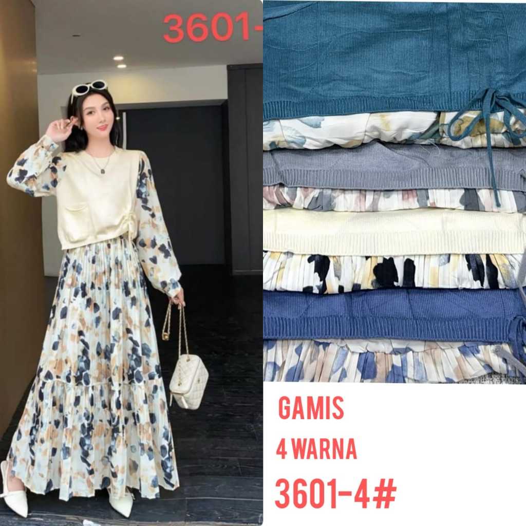 Gamis Zarawoman 3601 Rajut Kombi Bunga Plisket Premium / Dress Premium Plisket