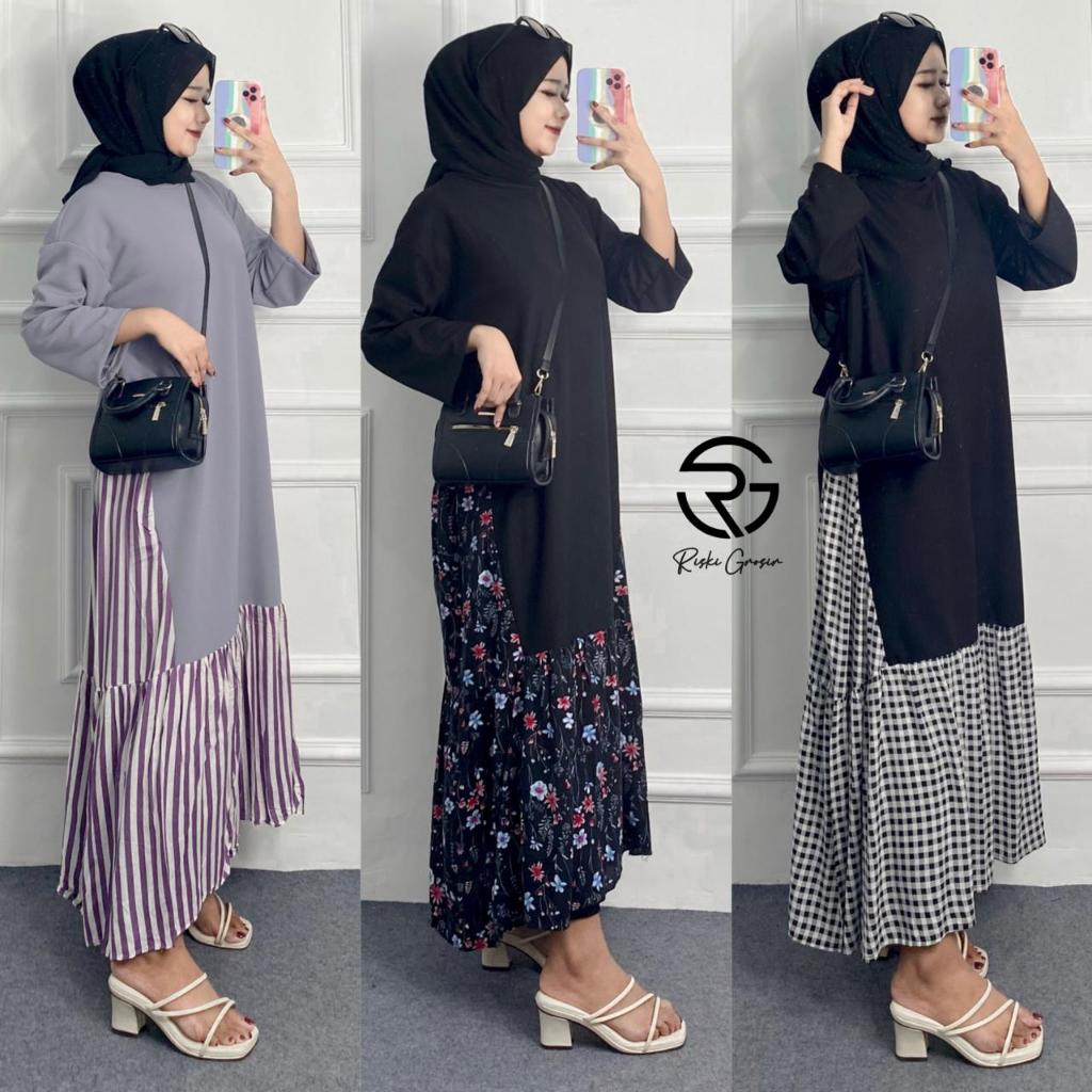 Luppy Midi Dress Wanita Kombinasi Motif Rayon Bunga Jizzy Dress Knit Jumbo Fashion Dewasa Kekinian