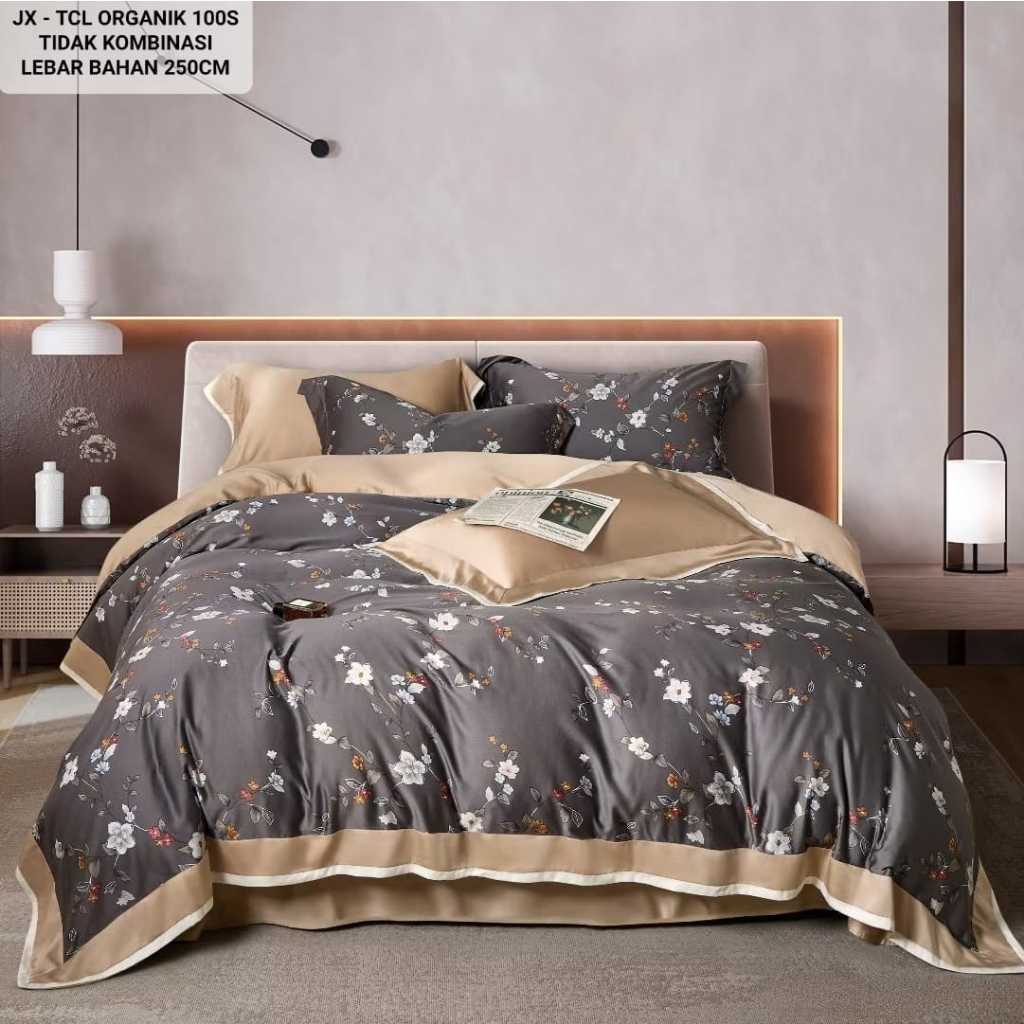 Sprei Set Bedcover Sutra Organik 100s Silk Serat Bamboo Motif Polos Bunga Aesthetic Size King Single
