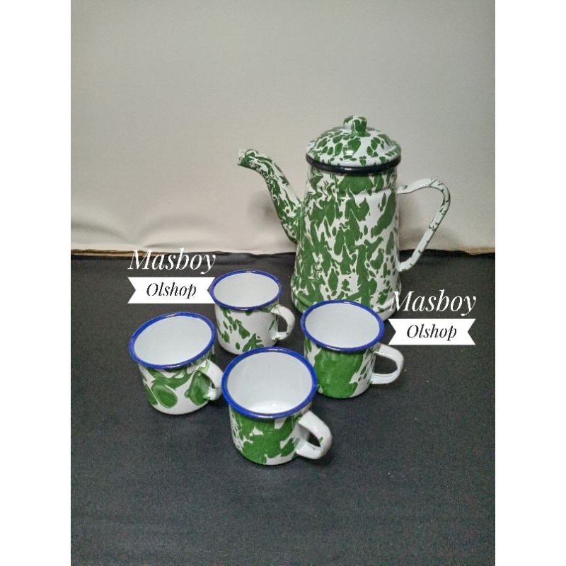 1 Set Teko Enamel Eskan Burik Blirik+Mug 7 cm / Barang Jadul Antik