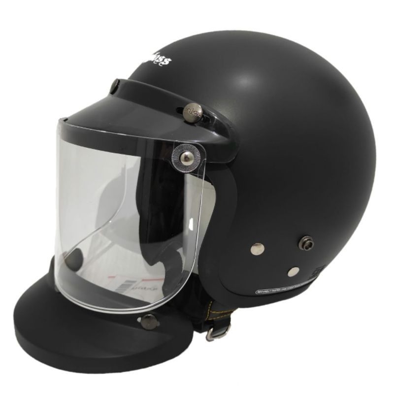 Helm RETRO model CARGLOSS WARNA HITAM DOFF model pet kaca datar smoke bening pelangi silver kaca cem