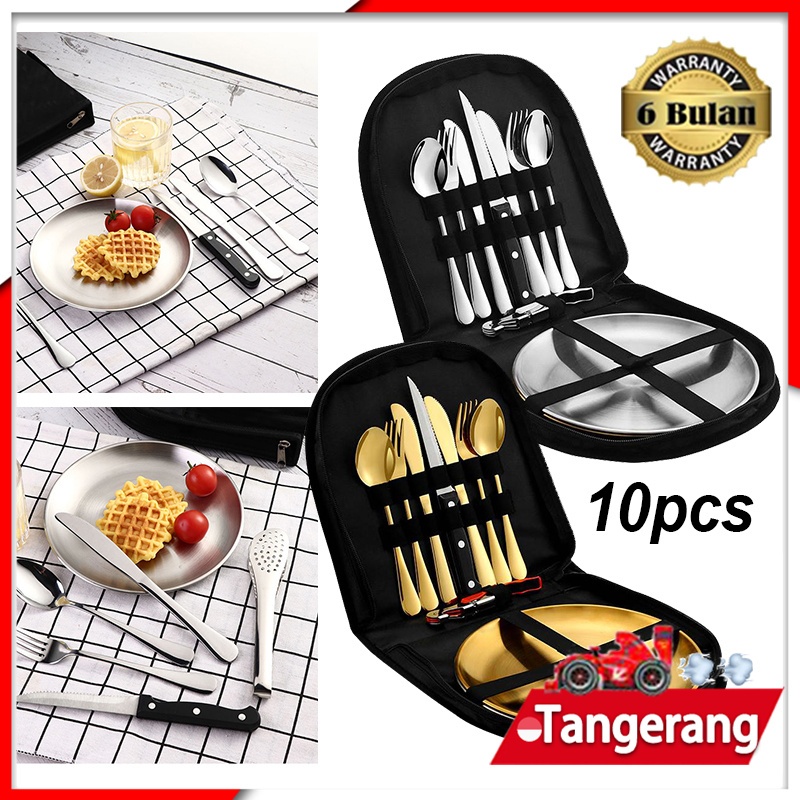 10pcs/set Alat Makan Camping Portable Alat Makan Set Stainless Cutlery Set Piring Sendok Traveling 2