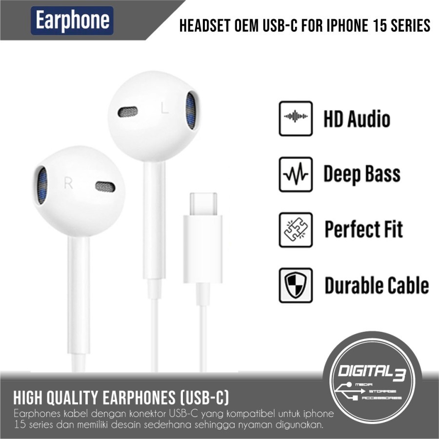 Headset USB Type C Mic Earphone Handsfree Kabel for Iphone 15 Android