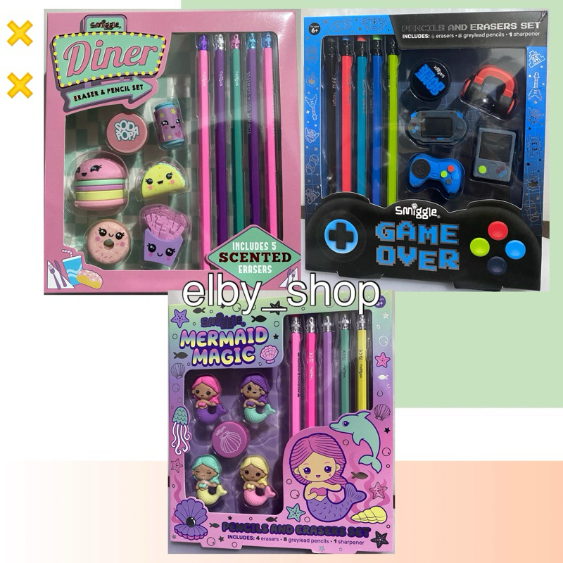 

Ready Smiggle Original Pencils & Erasers set Game Diner Mermaid & notebook