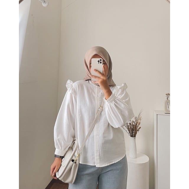 Alana Blouse Lengan Panjang Bahu Rempel Kemeja Polos High Quality New