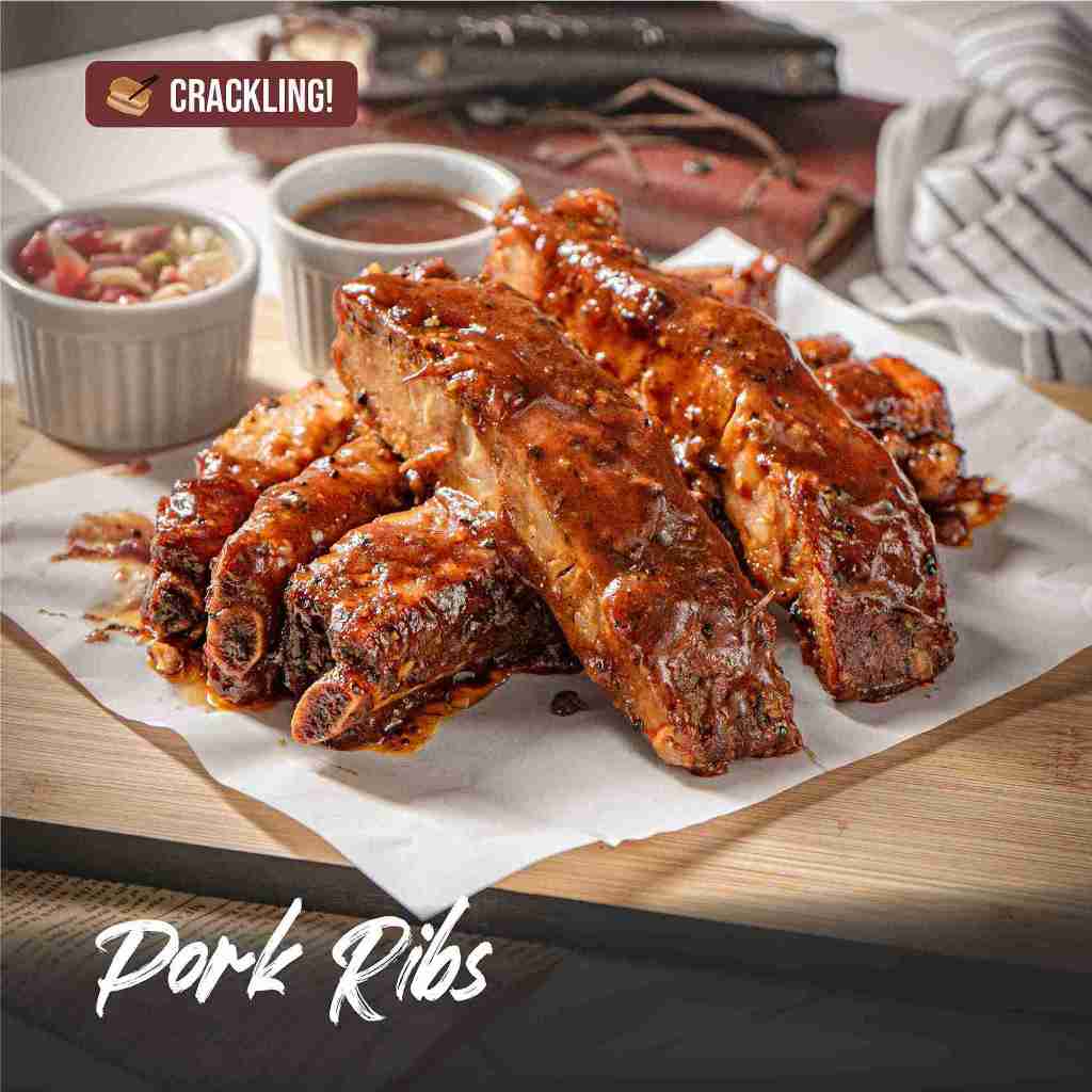 

CRACKLING BBQ PORK RIBS 600GR READY TO EAT OR VACUUM FROZEN / Iga Bakar / Iga Panggang 4 Tulang Spare Ribs Daging Babi Premium FREE Sambal Matah Barbeque BBQ Sauce Full Rack