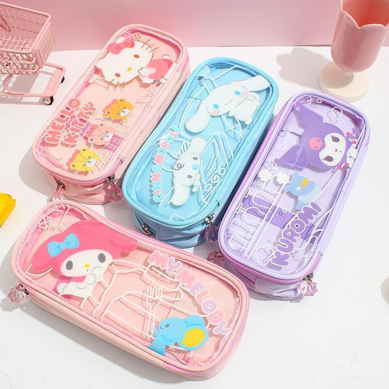 

Sanrio Clear Double Zipper Pencil Case | size 23x10x5cm | cinnamoroll my melody kuromi | kotak tempat pensil sekolah anak