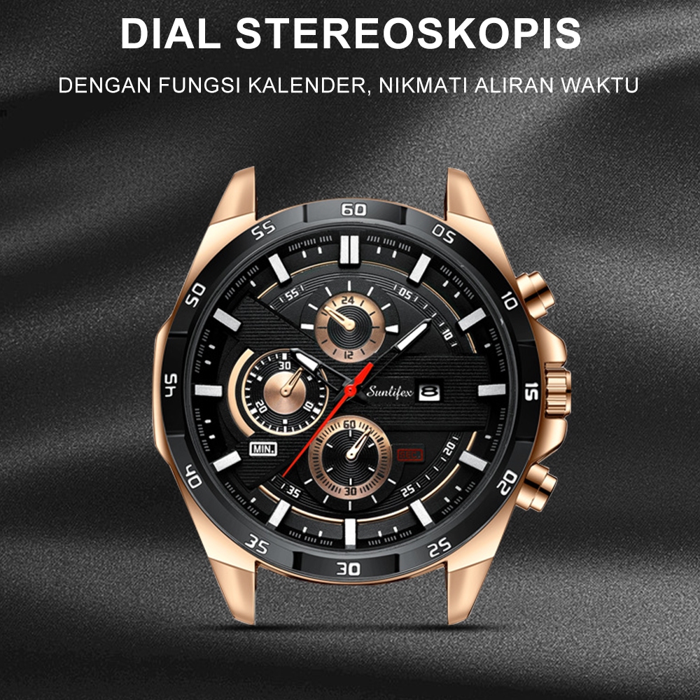 Sunlifex Jam Tangan Pria 9091 Kuarsa Tali Kulit Olahraga Mode Kalender Jam Tangan Cowok-3