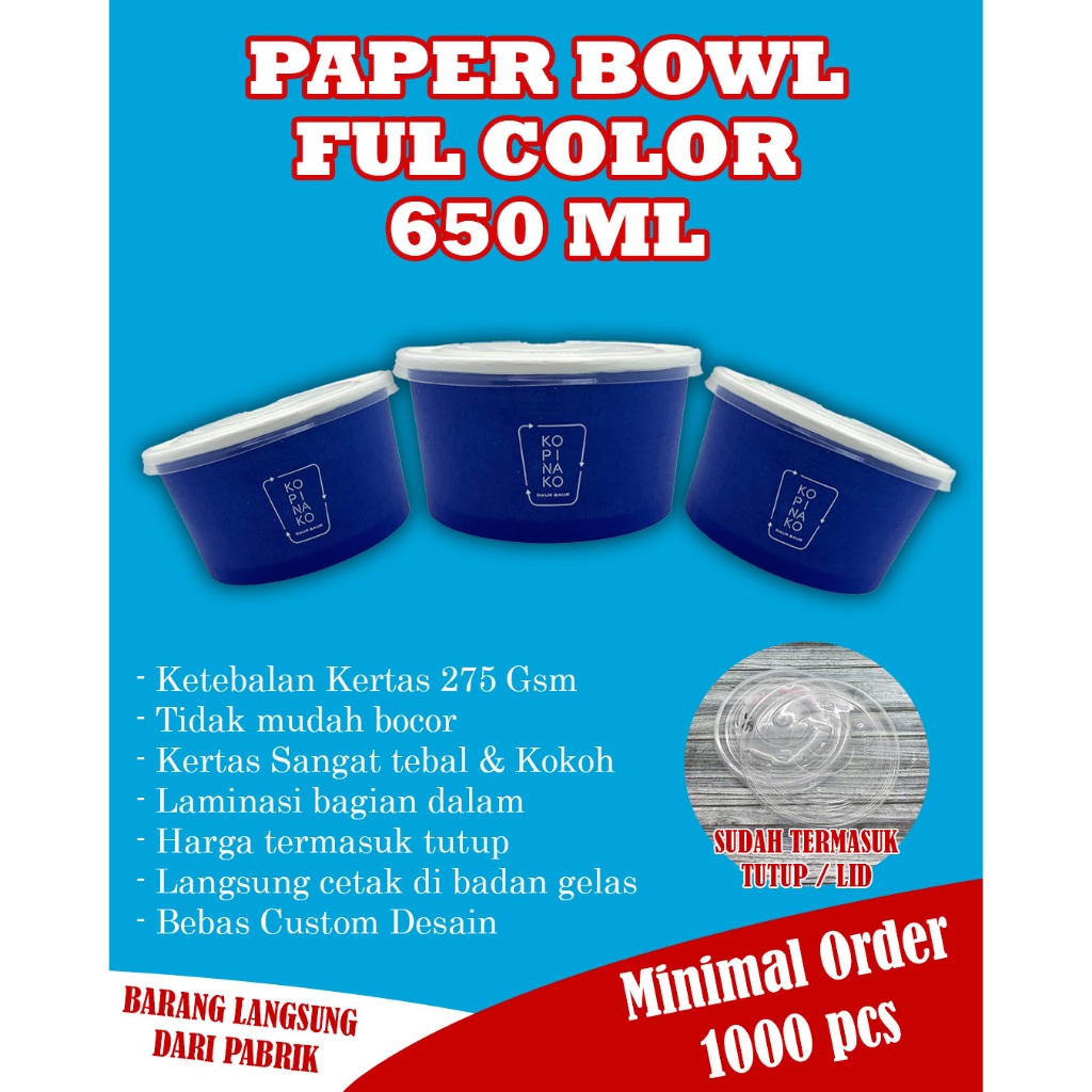 (MIN ORDER 1000PCS) Paper Bowl 650ml / Mangkuk Kertas / Custom Paper Bowl / Cetak Paper Bowl 650ml