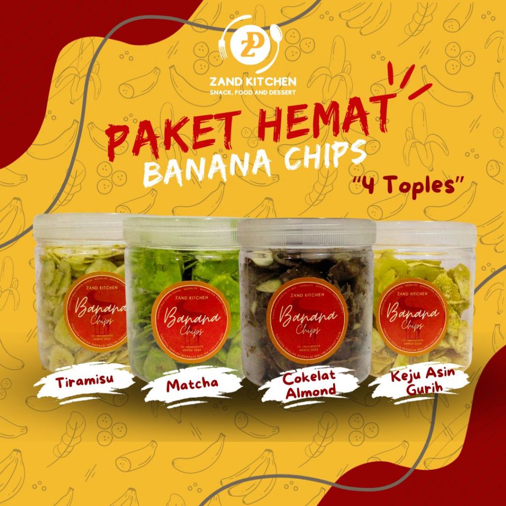 

PAKET HEMAT 4 Toples Banana Chips - Rasa Cokelat Almond, Matcha, Tiramisu & Keju Asin Gurih | Keripik Pisang by ZAND Kitchen