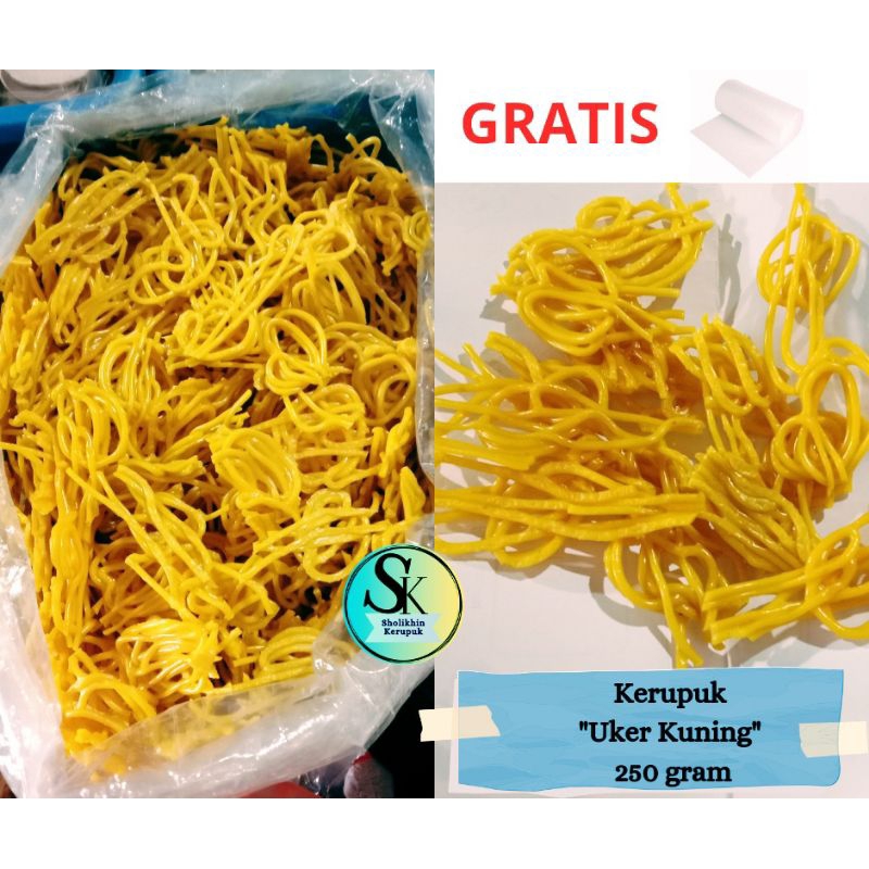 

Kerupuk Uker Kuning 250 gram / Kerupuk Bawang / krupuk Mie Kuning Kecil / Kerupuk Seblak