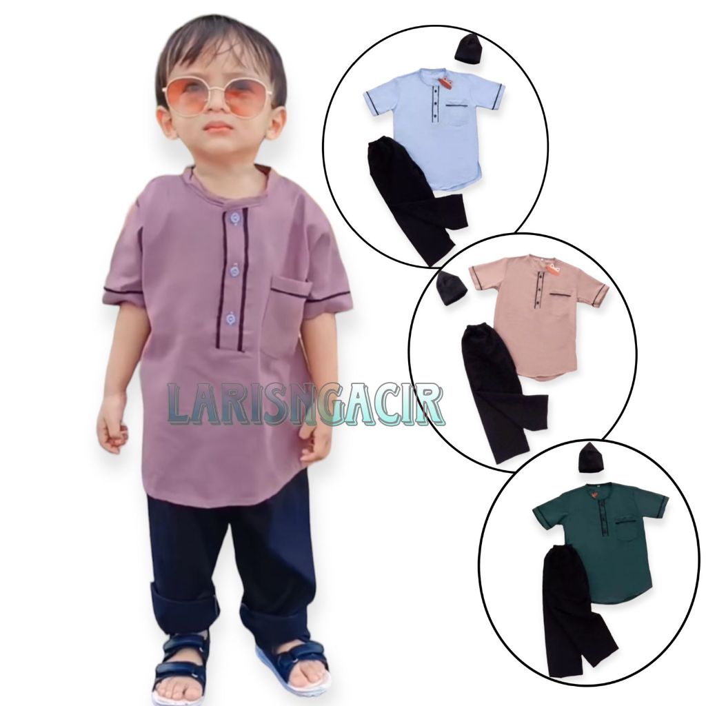 Baju Koko Anak Imam Lilac Laki Laki Plus Peci Usia 1-10 Tahun Stelan Kurta Pakaian Muslim Anak Murah