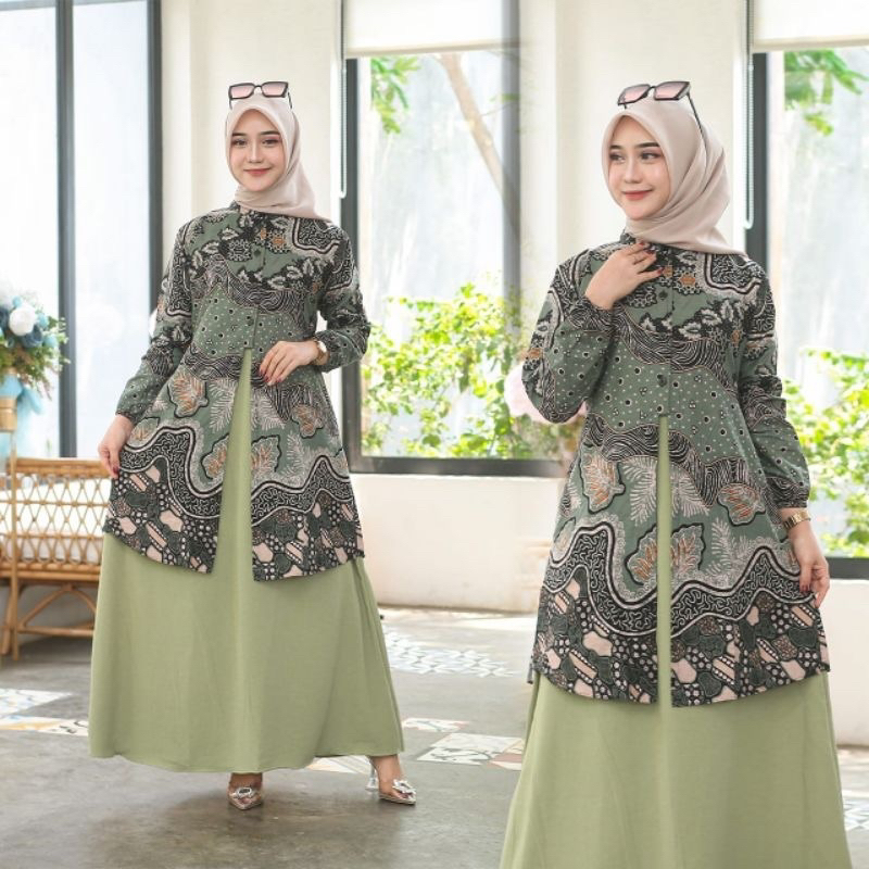 Gamis batik kombinasi wanita warna hijau sage