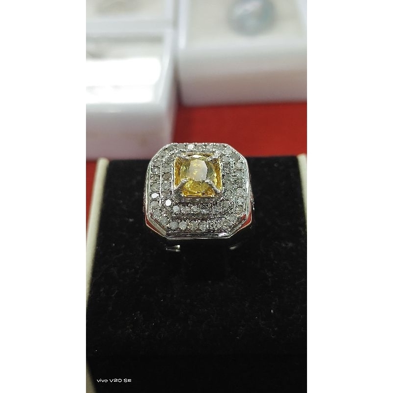 Cincin Pria Kantoran Yellow safir full berlian | Cincin Laki Mapan Yakut Selon Srilanka 100% Origina