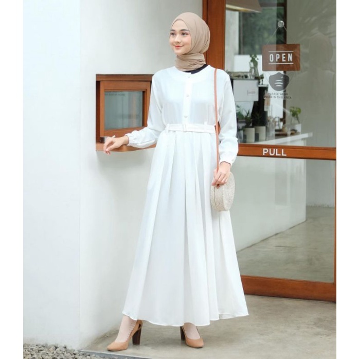 Gamis Monna Dress Sandira Belt Busui Friendly Syar'i Muslimah Jumbo Terbaru Shakila Premium Gamis Polos-BROKEN WHITE