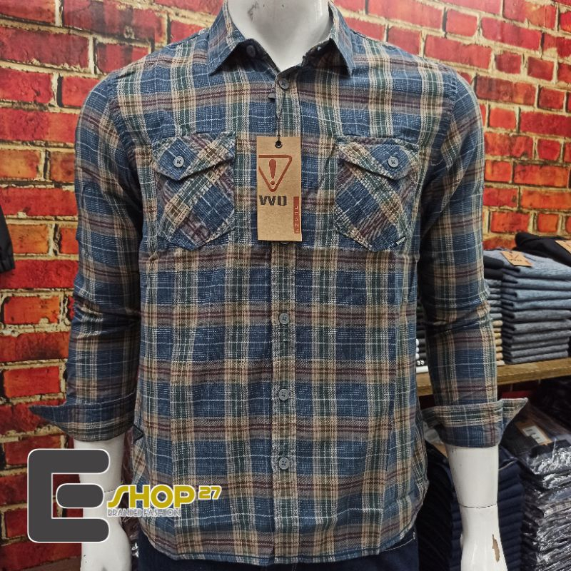 Watchout JS30286 Kemeja Pria Lengan Panjang Garis Kotak-Kotak Katun Flanel