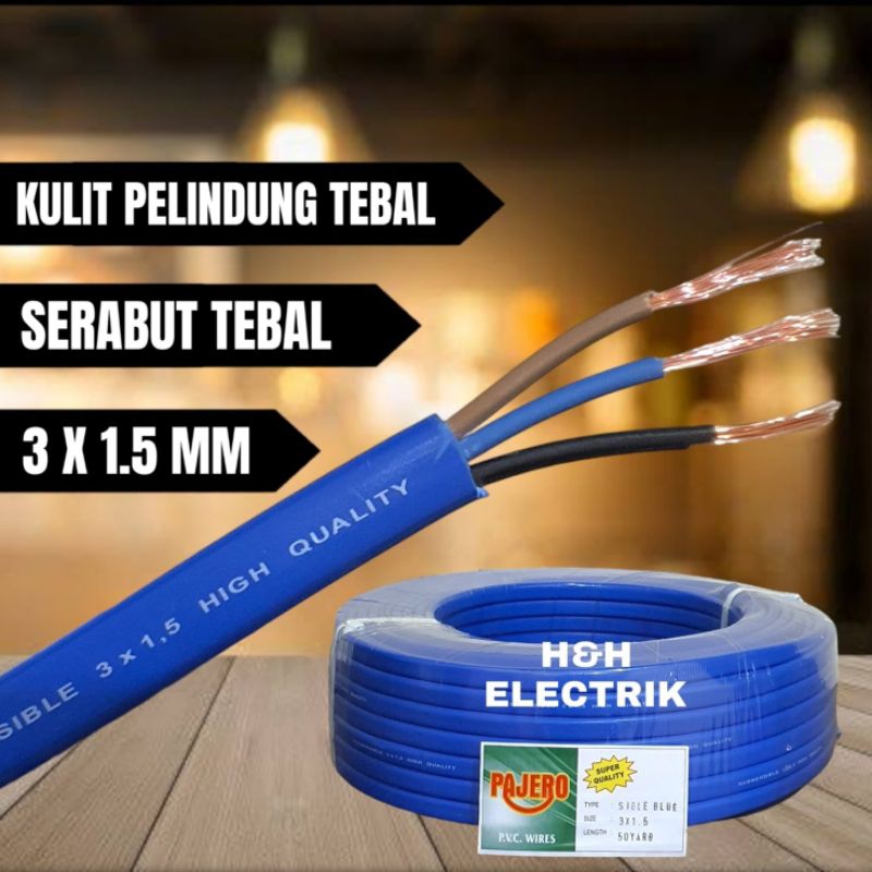 Kabel Submersible/Sibel Pompa air Kabel Serabut 3x1.5mm Model Oval Biru Permeter