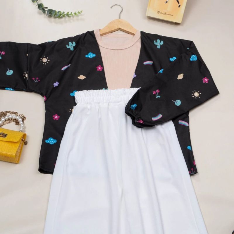 SETELAN BAJU KIYOWO MOTIF TERBARU WARNA HITAM DAN CELANA KULOT KANCING / OUTER KEKINIAN