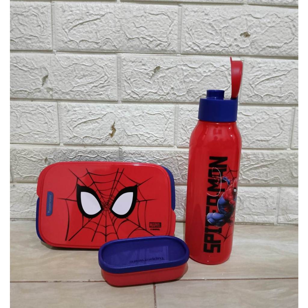 Tupperware Spiderman lunch set bekal makanan sekat dua dan botol minum