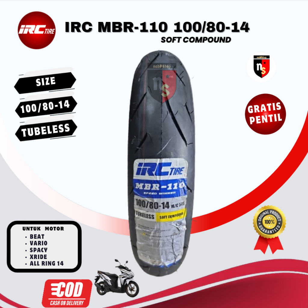 BAN TUBLES IRC 100/80-14 MBR110 BAN LUAR IRC TUBELESS RING 14