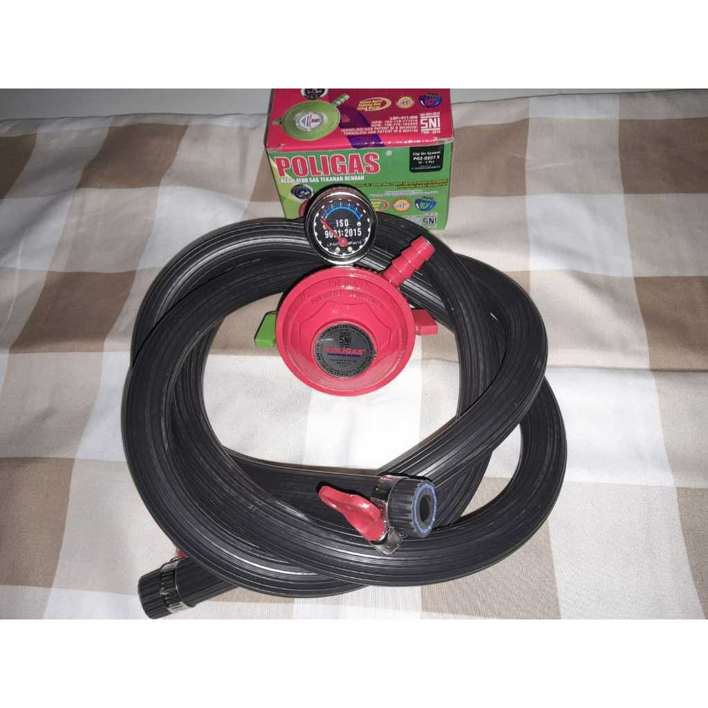 Regulator kompor gas Poligas double lock dan selang 3 lapis   - regulator tekanan rendah poigas sela