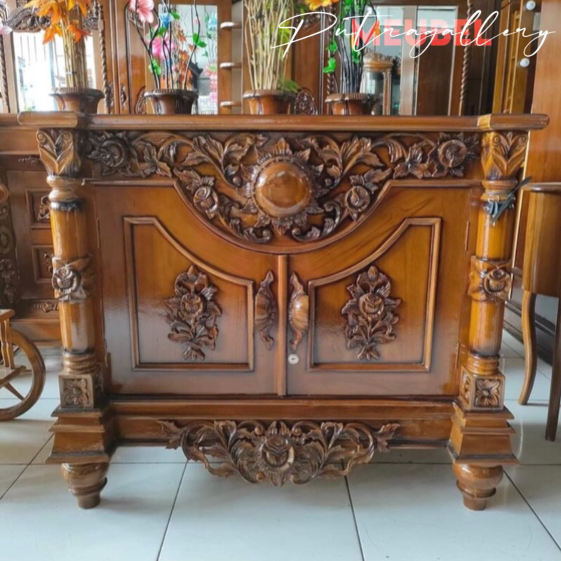 Bufet Meja TV Ukir Rembulan Full Kayu Jati Jepara Panjang 100 Cm