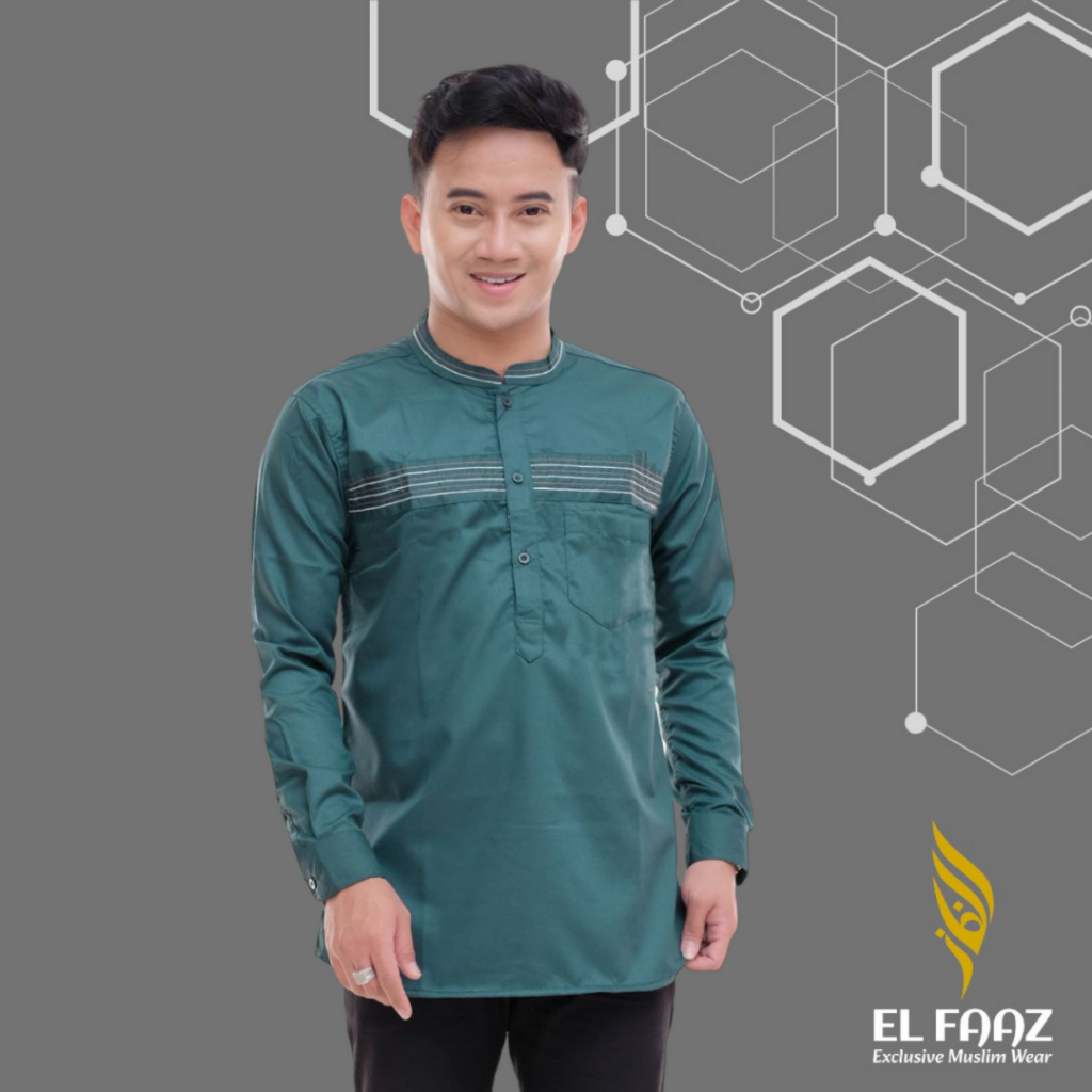 Baju Koko Kemeja Muslim Pria MH Benang Lengan Panjang Koko Hijau Kasual By El Faaz