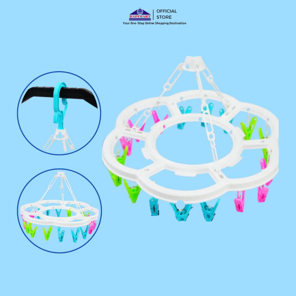 Hanger Jemuran Putih Dengan 18 Jepit Warna Gantungan Baju Kaos Kaki Serbaguna / Gantungan Plastik Mo