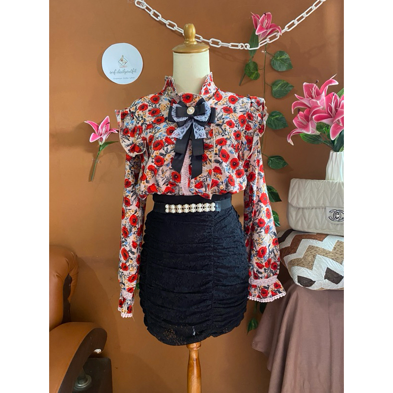ATASAN BLOUSE FLORAL VINTAGE RUFFLE BALON PRADA MIX