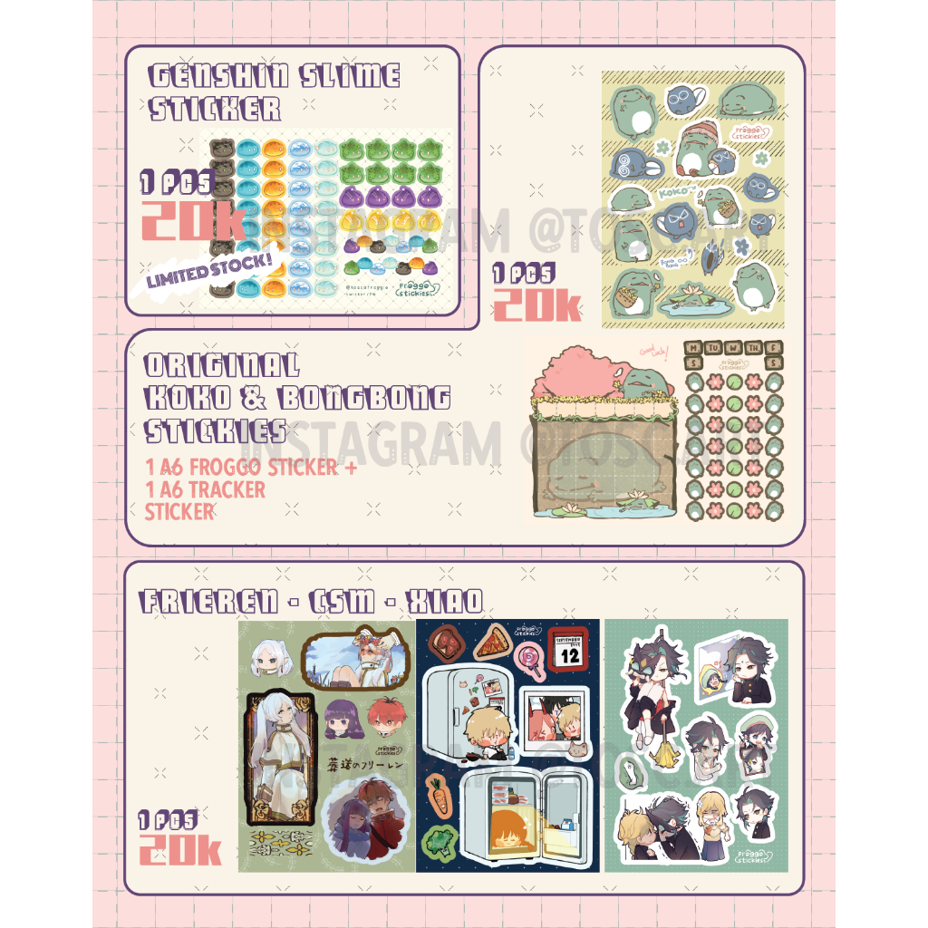 

[ froggo ] assorted sticker sheets frieren genshin chainsawman kucing meng meme budakmeng tired meng xiao denji makima bullet slime tracking journalling koko bongbong