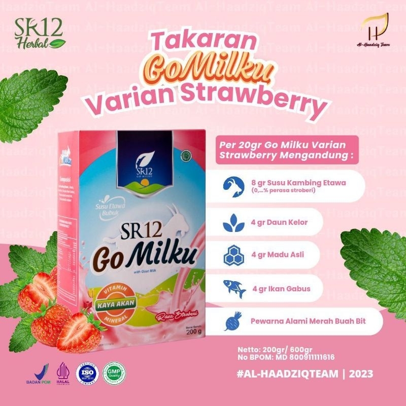 

200 gram Susu Kambing Etawa SR 12 GoMilku rasa stroberi - SR12 Go Milku 200gr rasa strawberry susu bubuk etawa , daun kelor , ekstrak ikan gabus dan madu