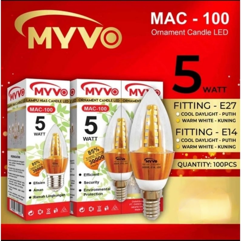 LAMPU LED CANDLE 5 WATT MYVO HINOMARU E27 FILAMEN SNI TOP QUALITY