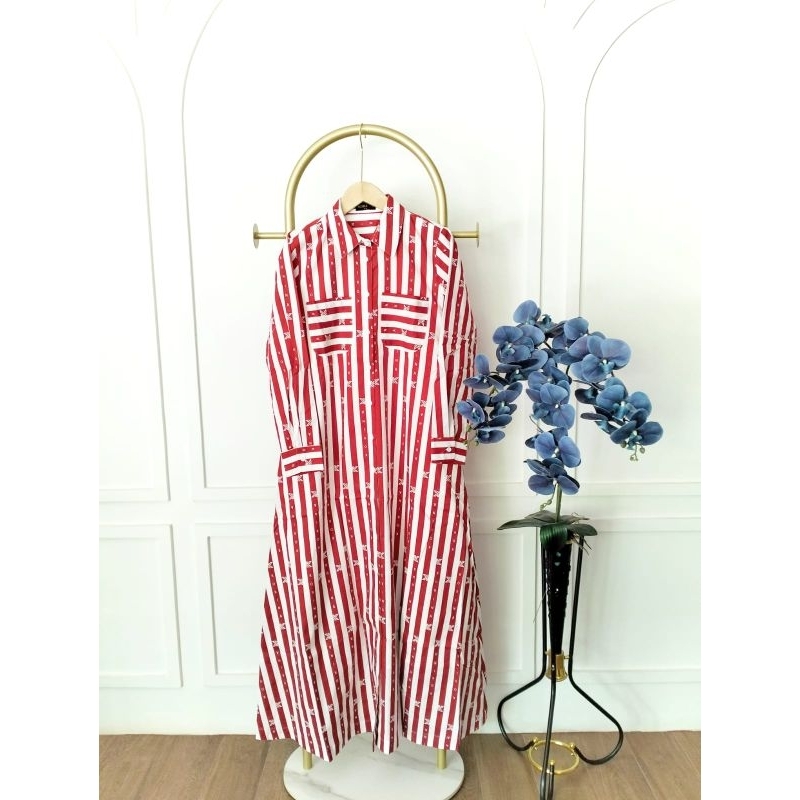 Basic stripe dress Red by Korina,gamis strip korina merah putih