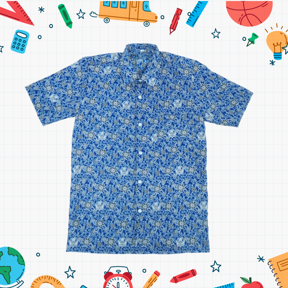 Kemeja Batik Sekolah SMP SMA Motif Bunga Rampe Biru Lengan Pendek