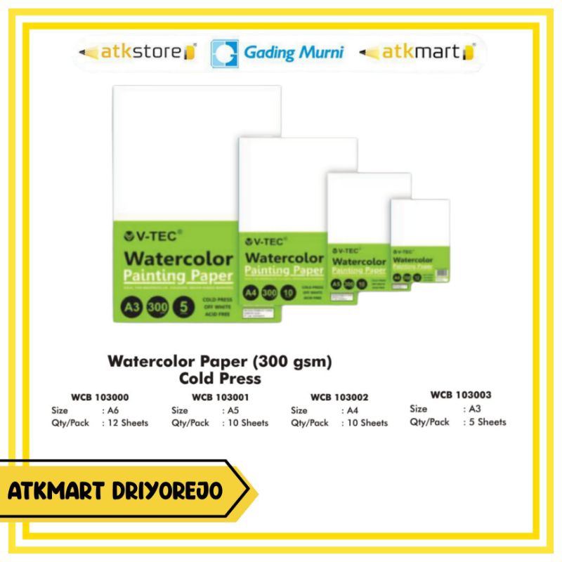 

V-TEC WATER COLOUR PAINTING PAPER UKURAN A5 WCB-103001 - KERTAS LUKIS CAT AIR ISI 10 LEMBAR
