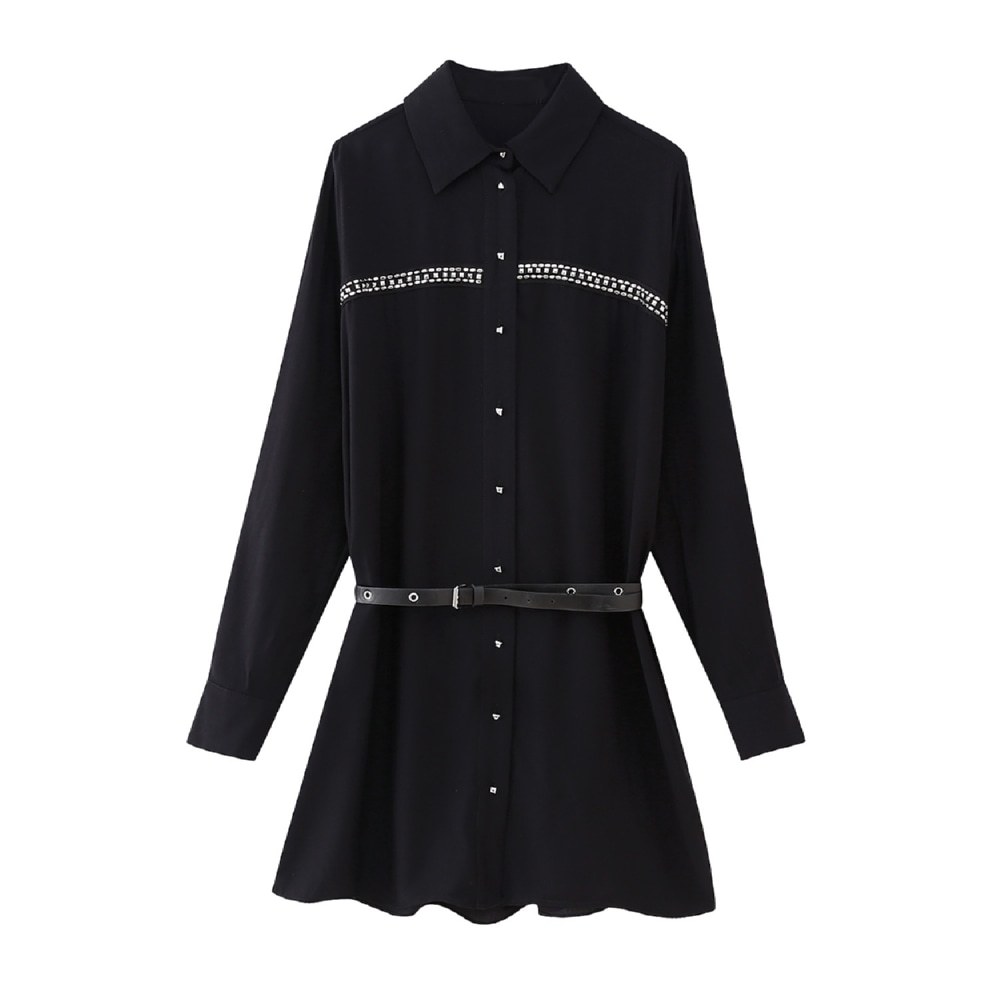 Mini Dress Wanita Polos Lengan Panjang Black Beaded Korean Loose Dress