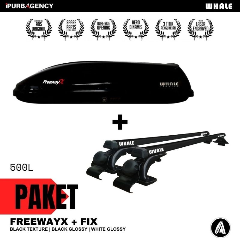 Paket Roof box Whale Freeway X + Cross bar Fix Jepit pintu: Universal