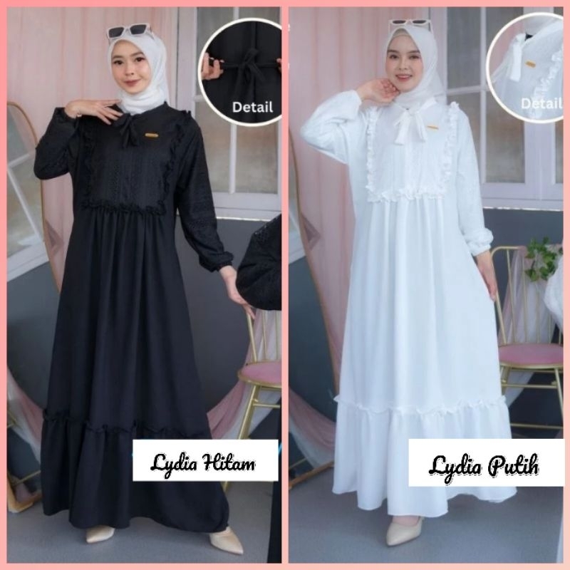 Gamis Putih Dan Hitam Cringkel Airflow Combi Brokat Malika Series Syaqila, Lydia Dress Gamis Putih U