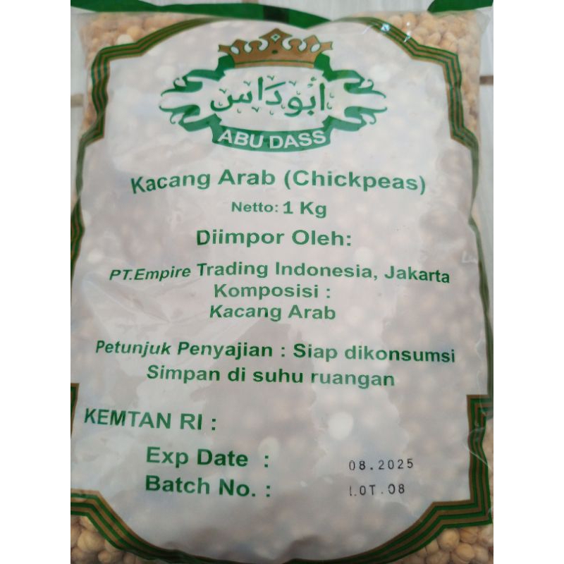 

Kacang Arab 1kg, kacang Arab Abu das. kacang Arab premium. kacang chickpea. Kacang Arab renyah dan gurih