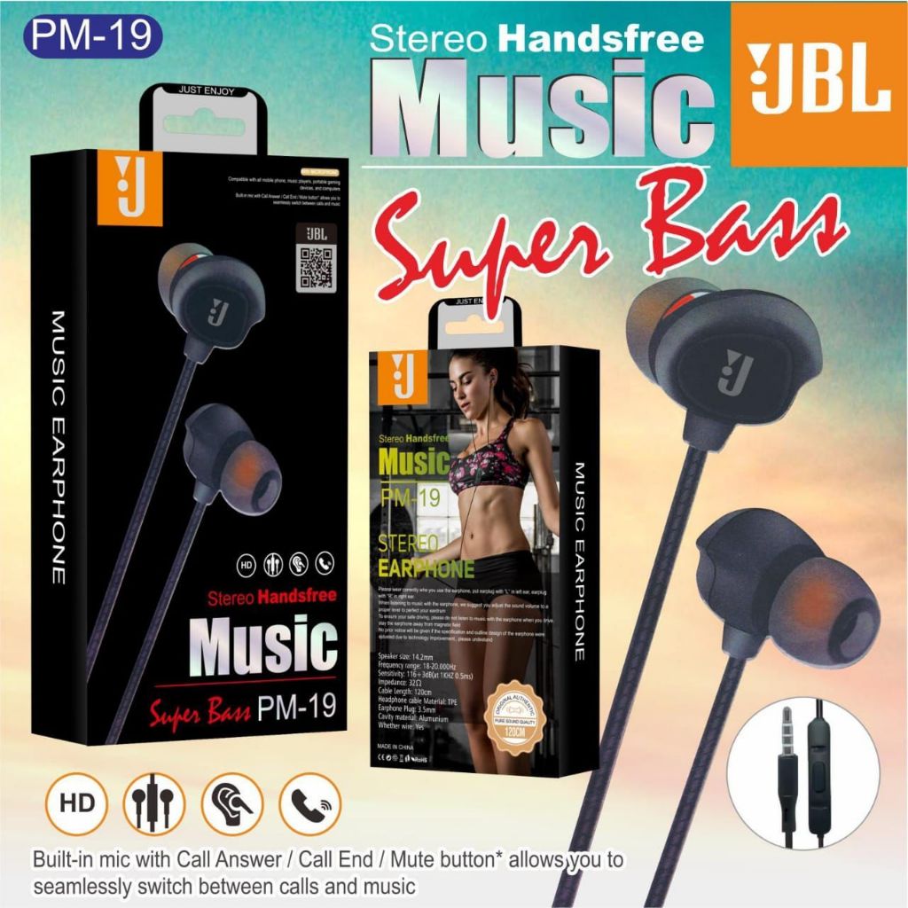 Headset Handsfree Earphone HF JBL PM-19 ORIGINAL FULL BASS+ SUPER MegaBIGBASS Extra stereo musik GAMING 2Kuping bisa buat Telp an High Quality Packing Press Laminating