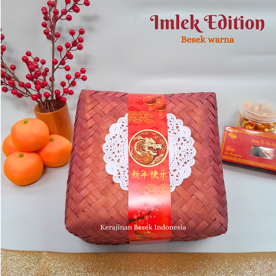 

EDISI IMLEK 2024 BOX HAMPERS Chinese New Year Besek warna aneka ukuran paper belt Kue keranjang jeruk mandarin