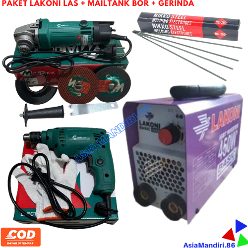 PAKET MESIN LAS LAKONI BASIC 124IXR 450watt + MESIN GERINDA MAILTANK + MESIN BOR 10MM MAILTANK