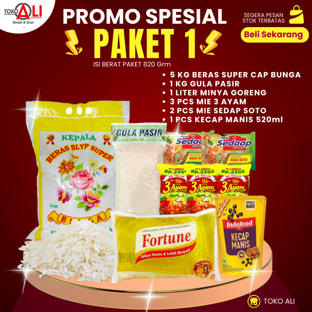 

Paket 1 Sembako murah beras super 5 kg cap Bunga pulen fortune gula pasir 3 ayam sedap soto