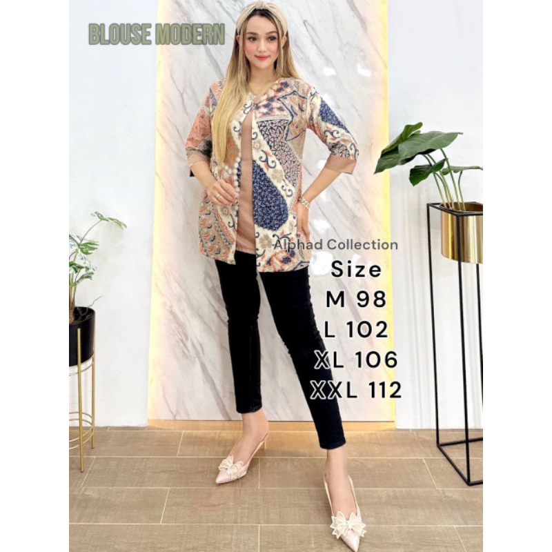 blus batik terbaru wanita vintage ibu kantoran modern bahan katun halus lengan 3/4