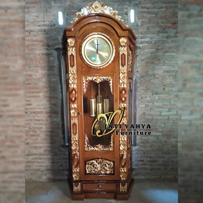 Lemari jam hias jati ding dong (bersuara) model Gebyok