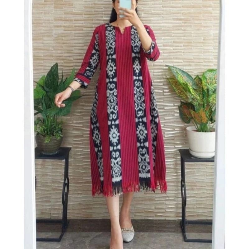 DRESS TENUN IKAT MIDI, BAJU TENUN IKAT WANITA TUNIK, BAJU TENUN IKAT WANITA KEKINIAN 2