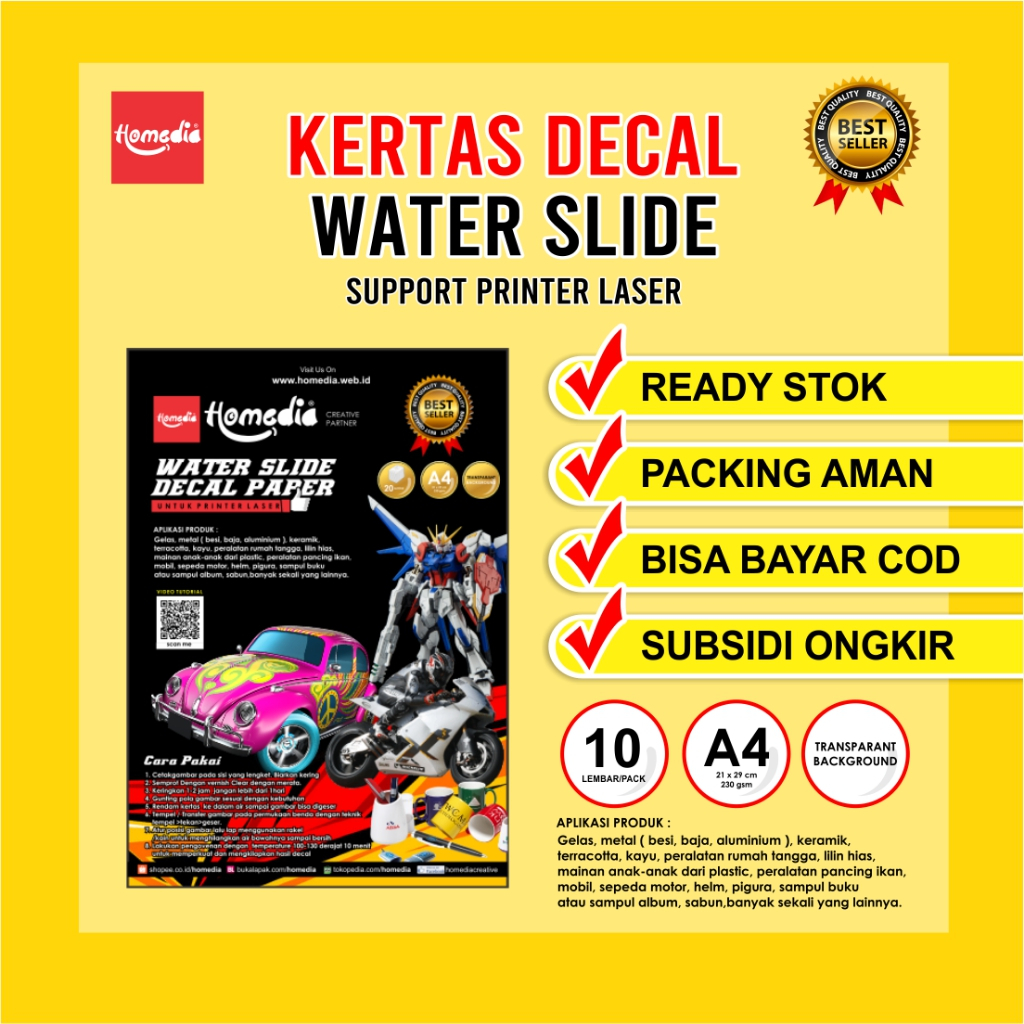 

Kertas Water Slide Decal Transparan Ukuran A4 untuk PRINTER LASER Homedia