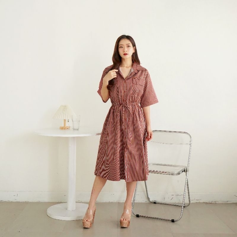 SARA MIDI DRESS - TERUSAN WANITA KATUN IMPORT MOTIF GARIS - NUBOUTIQUE